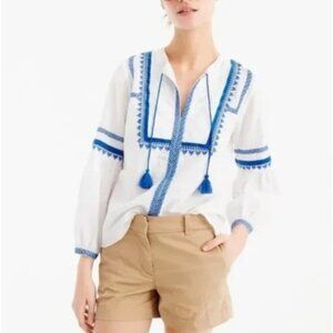 J Crew Tunic Blouse Women's Size 2 White Blue Embroidered Tassel Linen Blend